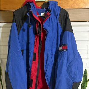 VTG 90s Tommy Hilfiger Jacket XL Colorblock Spell Out Flag Hooded Fleece Lined